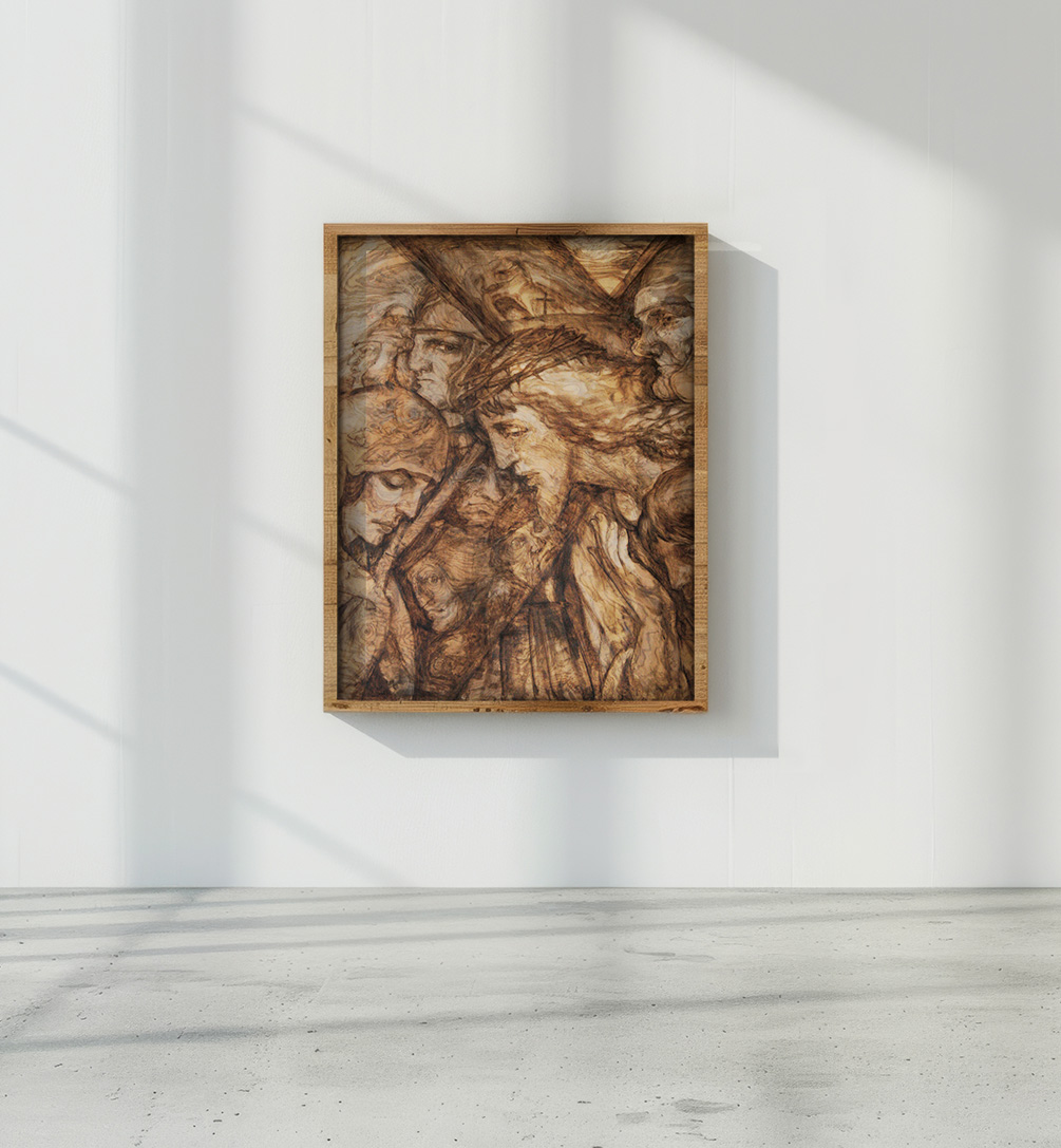 Jesus nimmt das Kreuz aus sich abgebildet auf Holzfurnier in der Holzmalerei Technik von Helmut Frelke