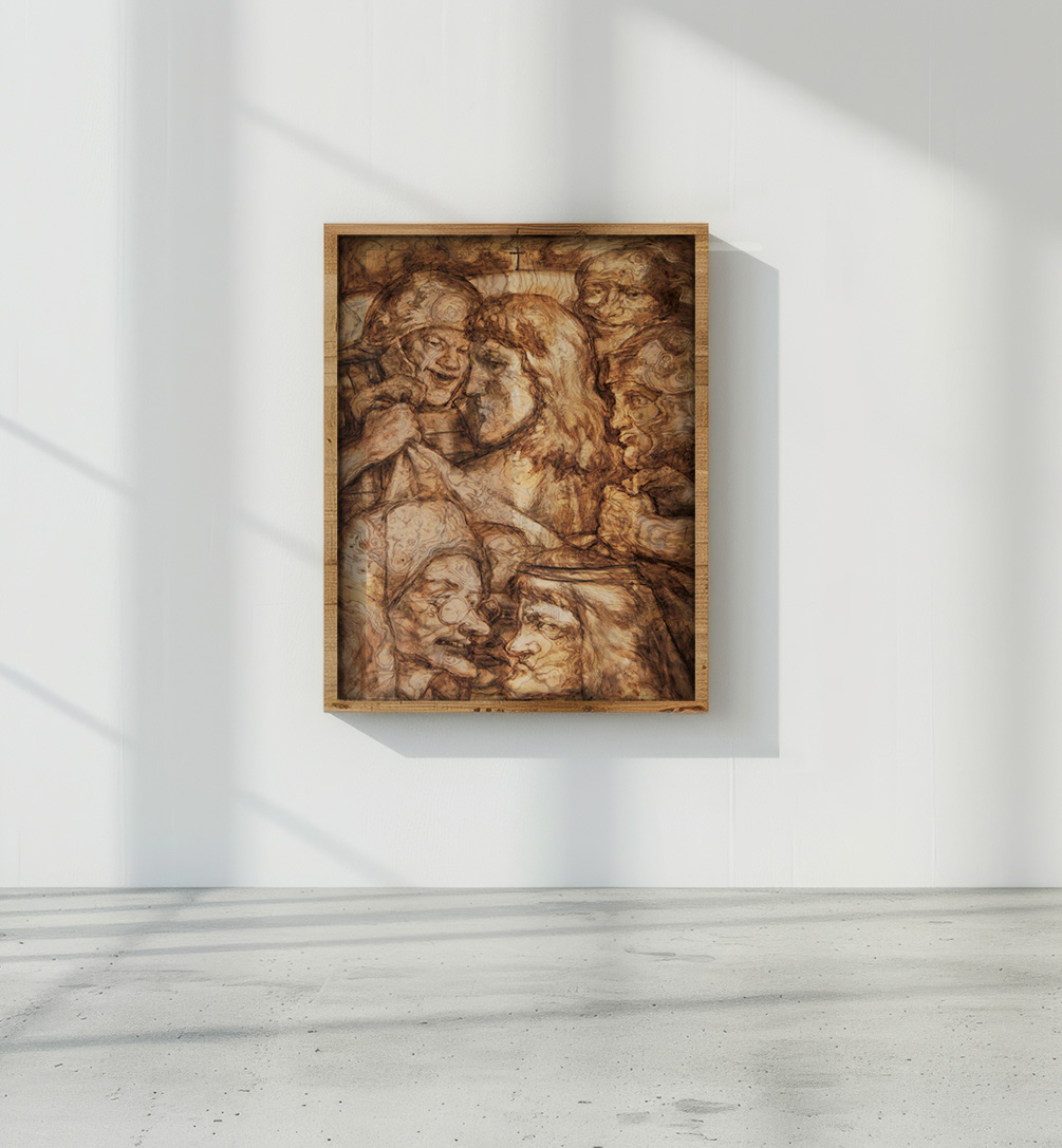 Jesus wird seiner Kleider beraubt Holzmalerei von Helmut Frelke