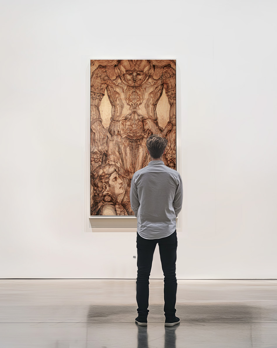 Berliner Künstler bei Holzmalerei-ausstellung-helmut-frelke-david und goliath