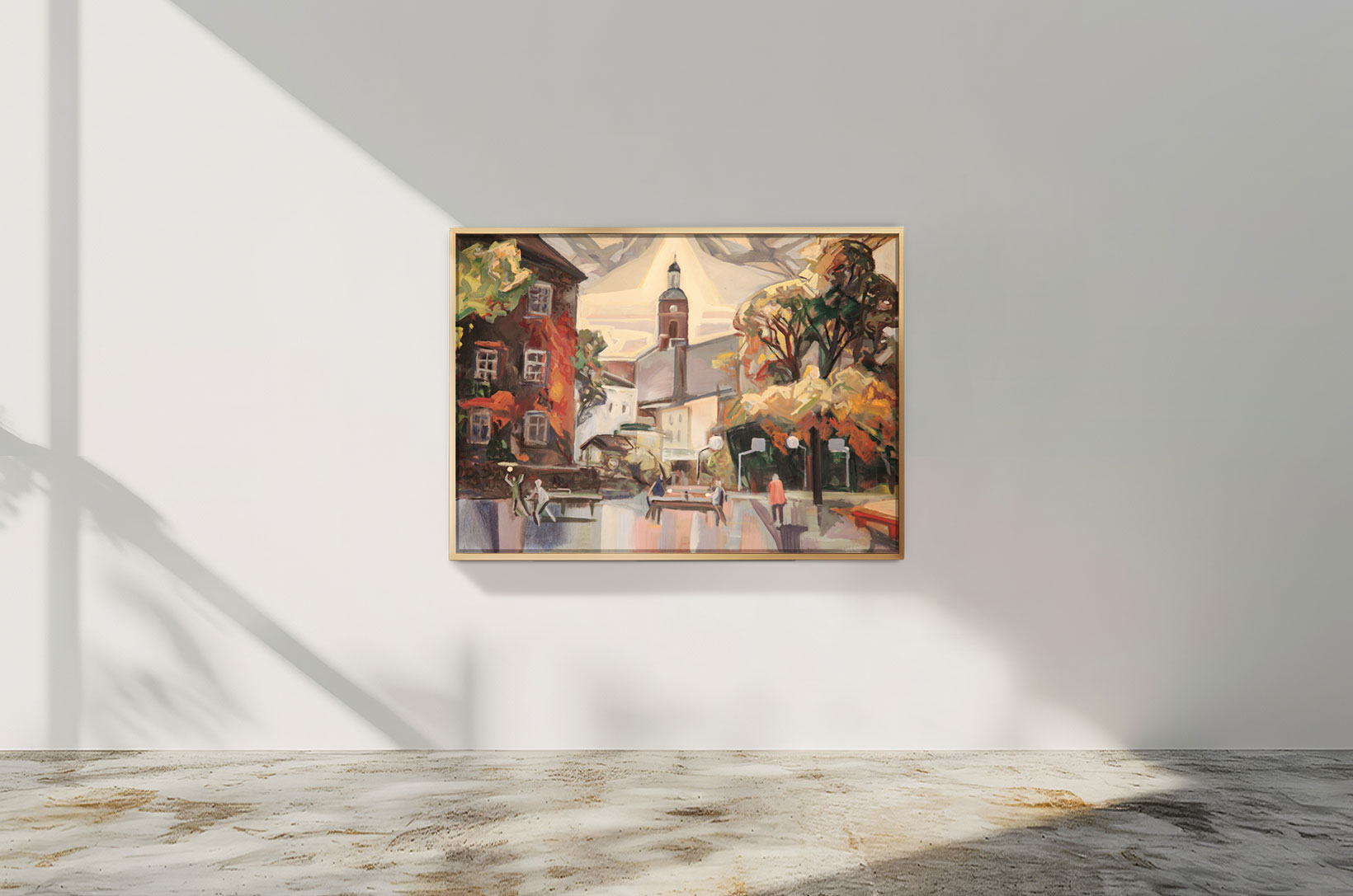 Gemälde „Nikolaikirche“ von Helmut Frelke, ruhige Berliner Straßenszene, Spandau 2017