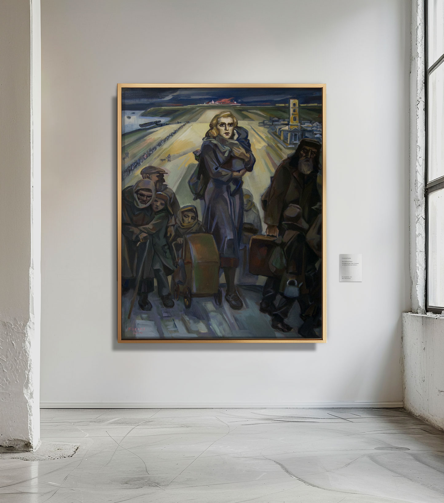 Ölgemälde von Helmut Frelke: Russlanddeutsche Familien auf dem Weg in die Verbannung, eine Mutter mit Kind blickt zurück – Symbol für Hoffnung und Verlust.