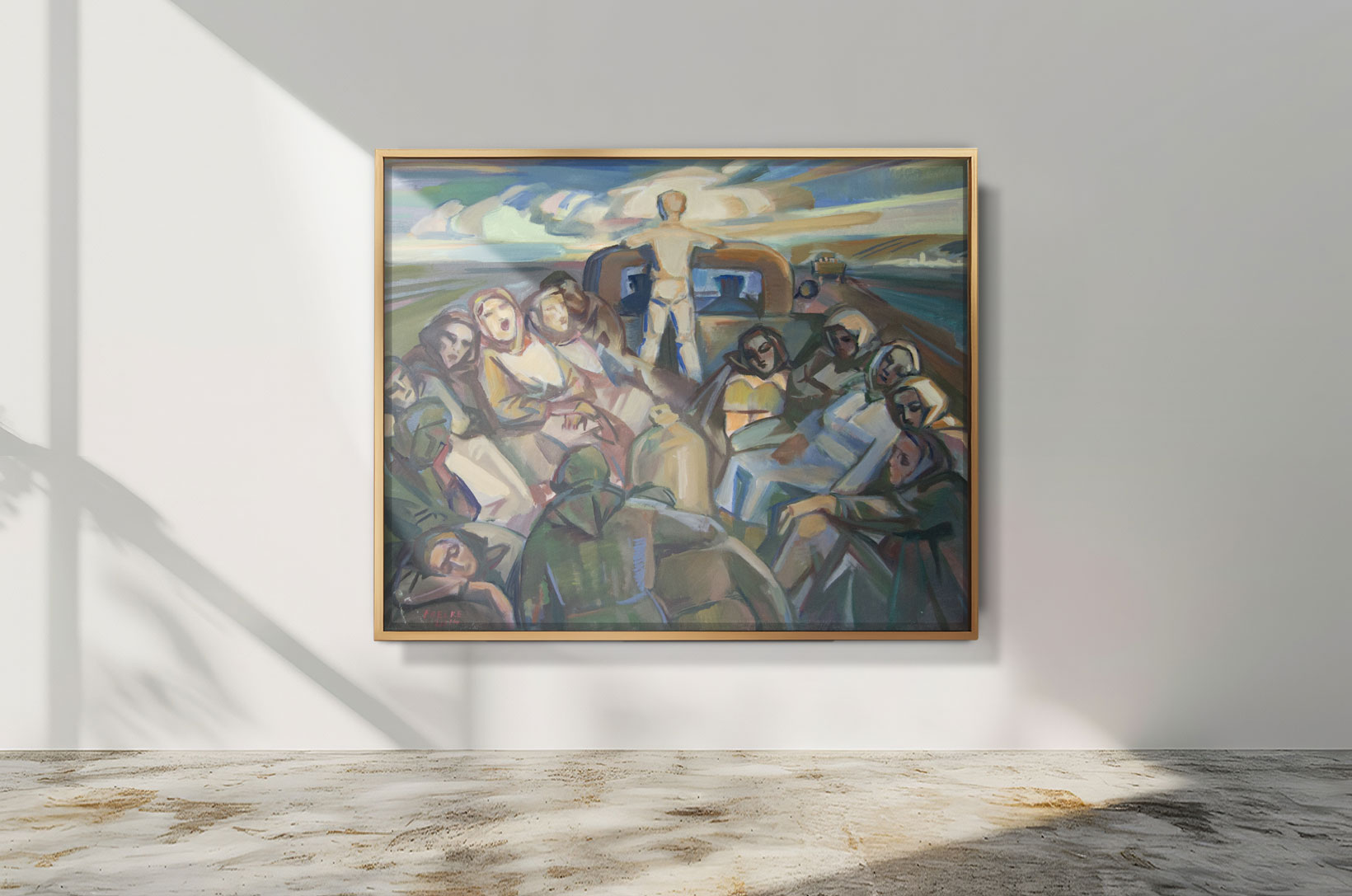 Ölgemälde von Helmut Frelke: Deportierte Russlanddeutsche auf einem offenen Lastwagen, erschöpft und schweigend, während ein Mann aufsteht und in das Licht der Ferne blickt.