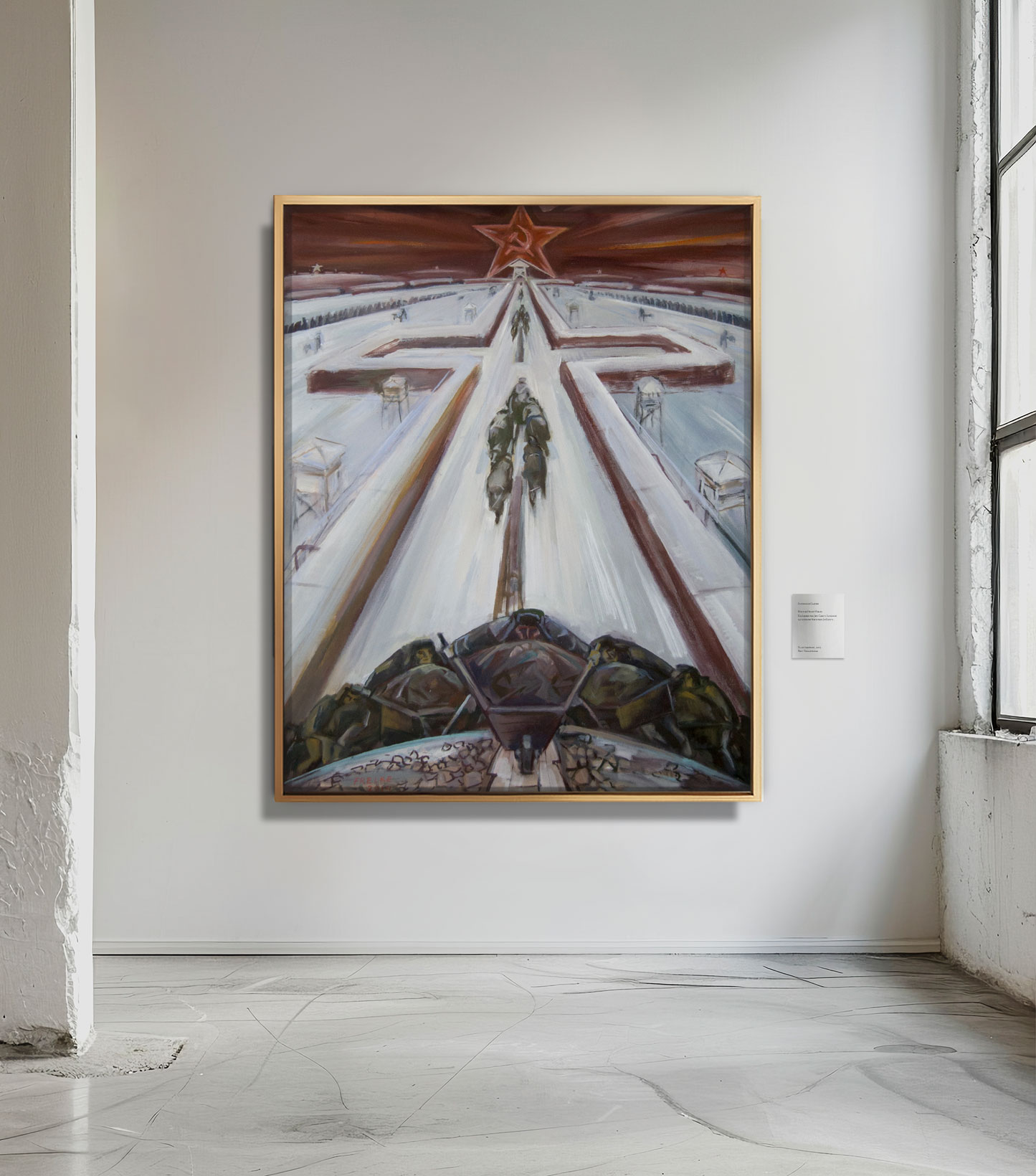 Ölgemälde von Helmut Frelke: Russlanddeutsche Zwangsarbeiter in der sowjetischen Steppe unter dem roten Stern, Symbol für Leid und Unterdrückung.