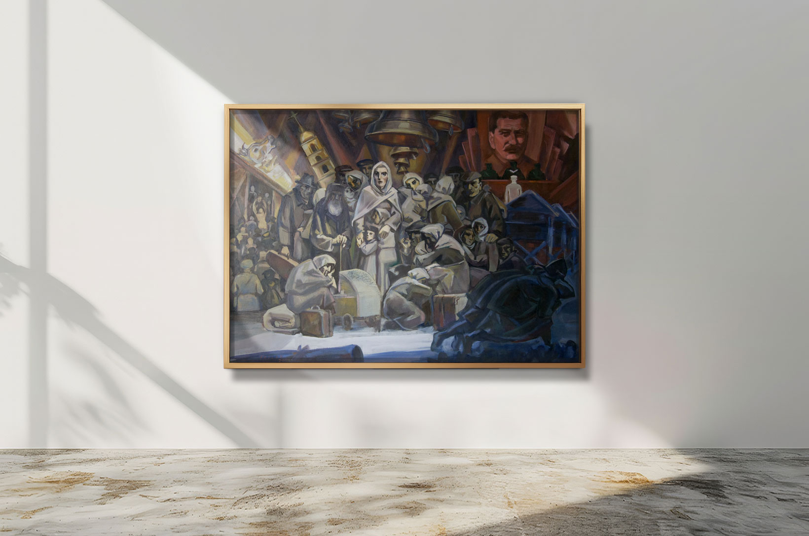 Ölgemälde von Helmut Frelke: Russlanddeutsche Familien unter Stalins Regime kurz vor der Deportation, Symbol für Leid, Angst und Zusammenhalt im Glauben.