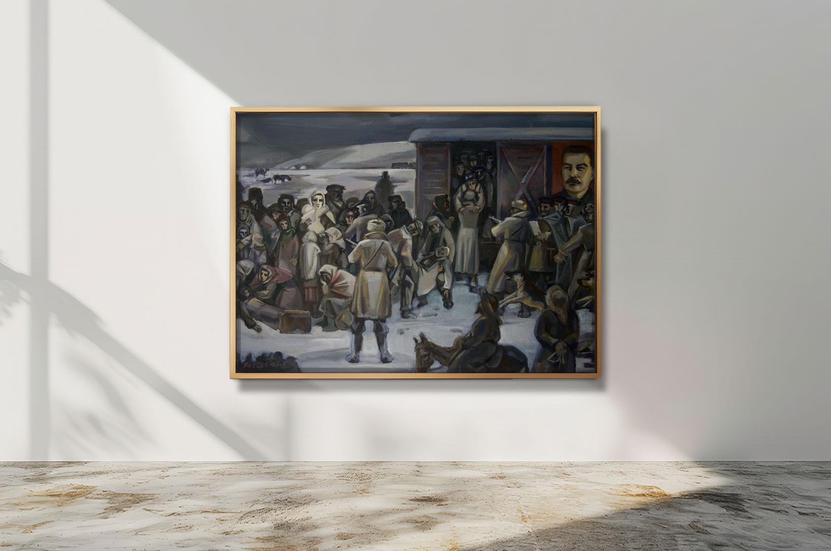 Ölgemälde von Helmut Frelke: Deportation der Russlanddeutschen unter Stalins Regime, Menschen werden in Güterwaggons verladen – Symbol für Vertreibung und Leid.