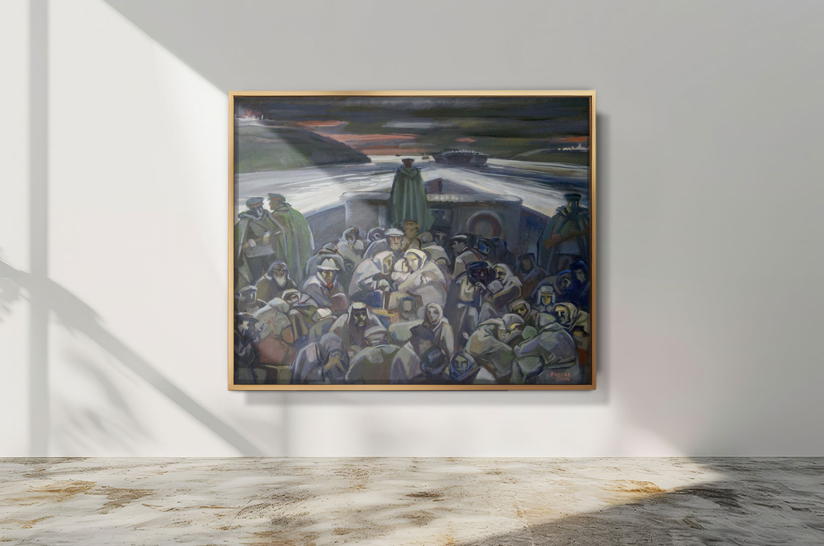 Ölgemälde von Helmut Frelke: Deportierte Russlanddeutsche auf einem Boot während der Verschleppung in die Sowjetunion, umgeben von Soldaten und dunklem Himmel.