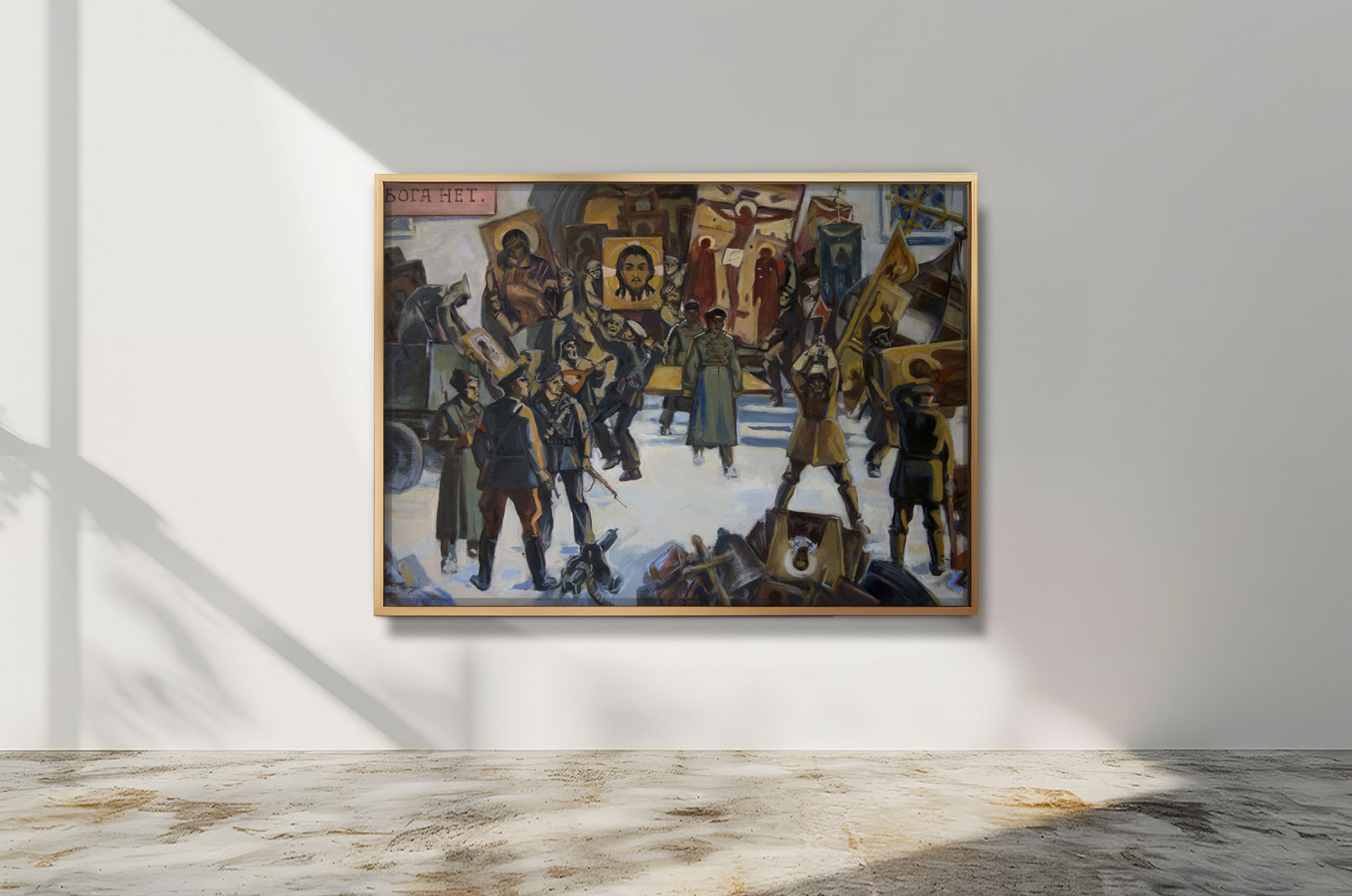 Ölgemälde von Helmut Frelke: Zerstörung religiöser Symbole während der Sowjetzeit, Soldaten vernichten Ikonen und Kreuze – Symbol für Glaubensverfolgung und Unterdrückung.