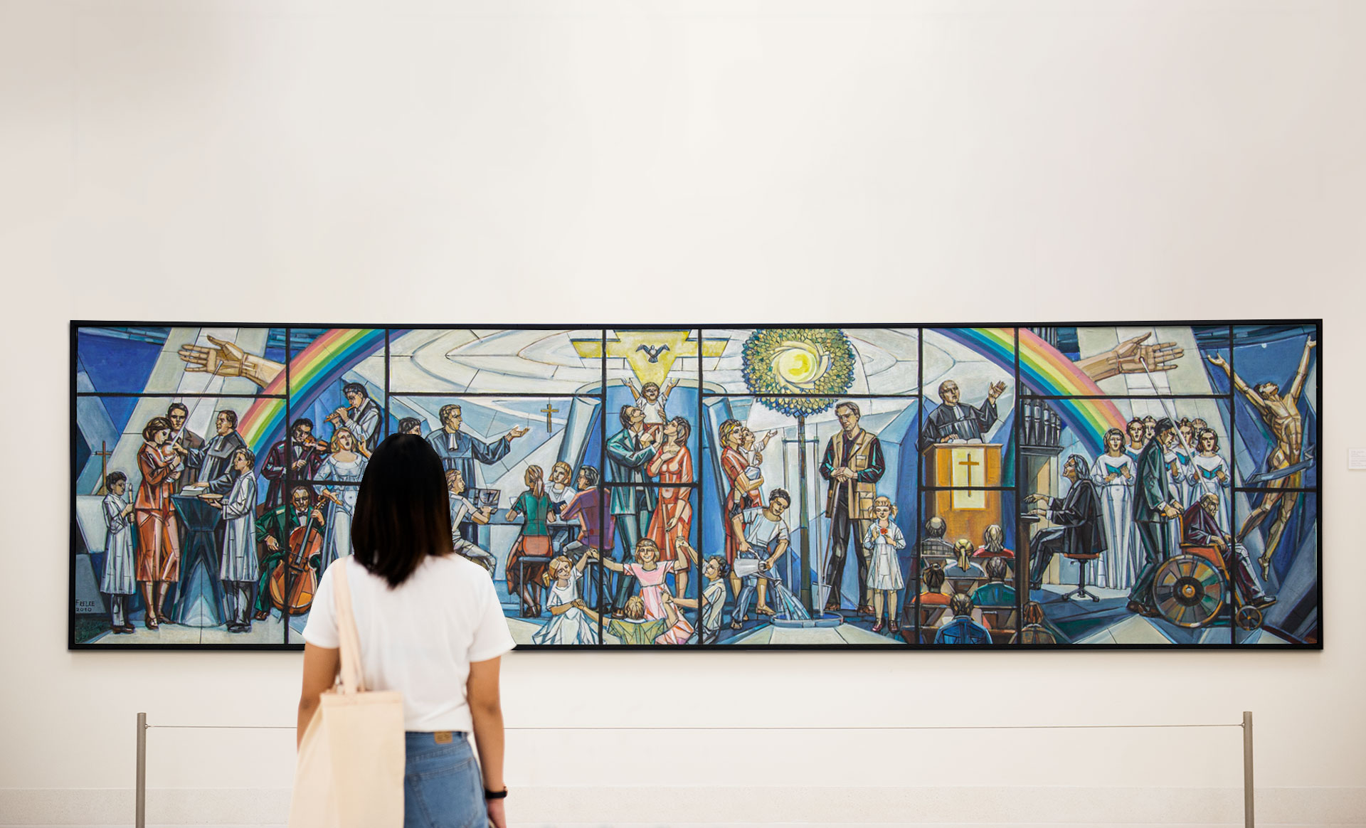 Ölgemälde von Helmut Frelke: farbenreiches Wandbild mit religiösen Szenen, Gemeinde, Musikern und Regenbogenmotiv.