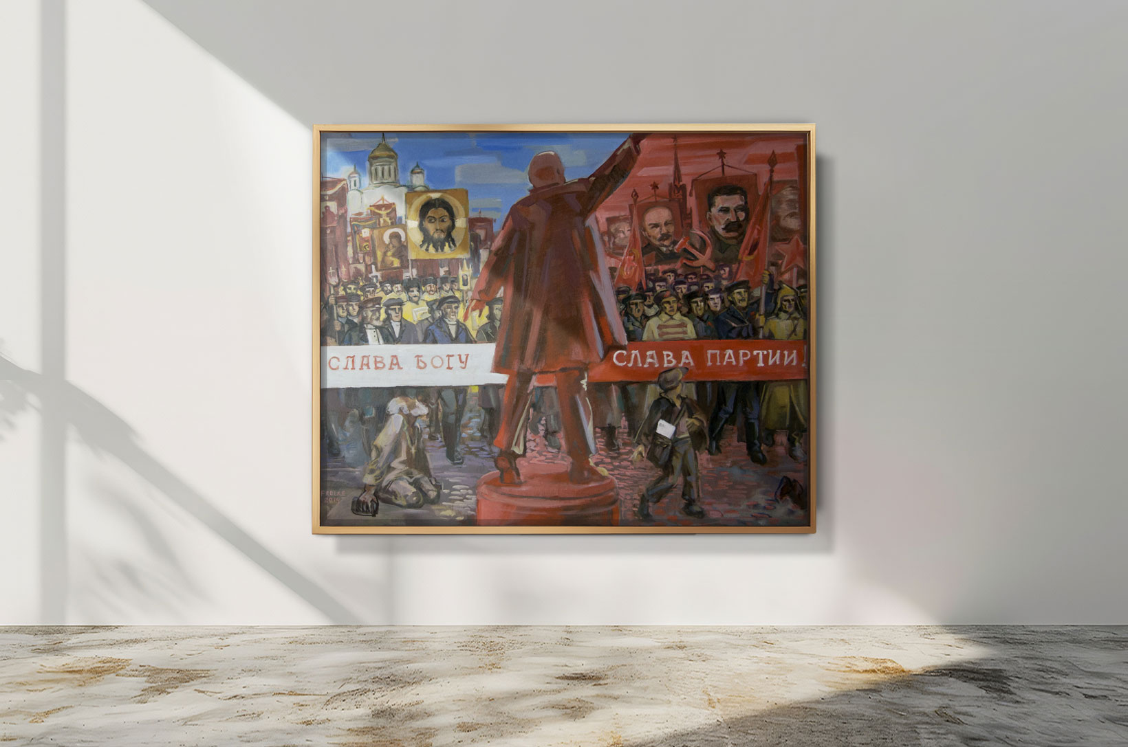 Ölgemälde von Helmut Frelke: Gegenüberstellung von Gläubigen und Kommunisten – Banner „Ehre sei Gott“ und „Ehre der Partei“ symbolisieren den ideologischen Konflikt in der Sowjetunion.