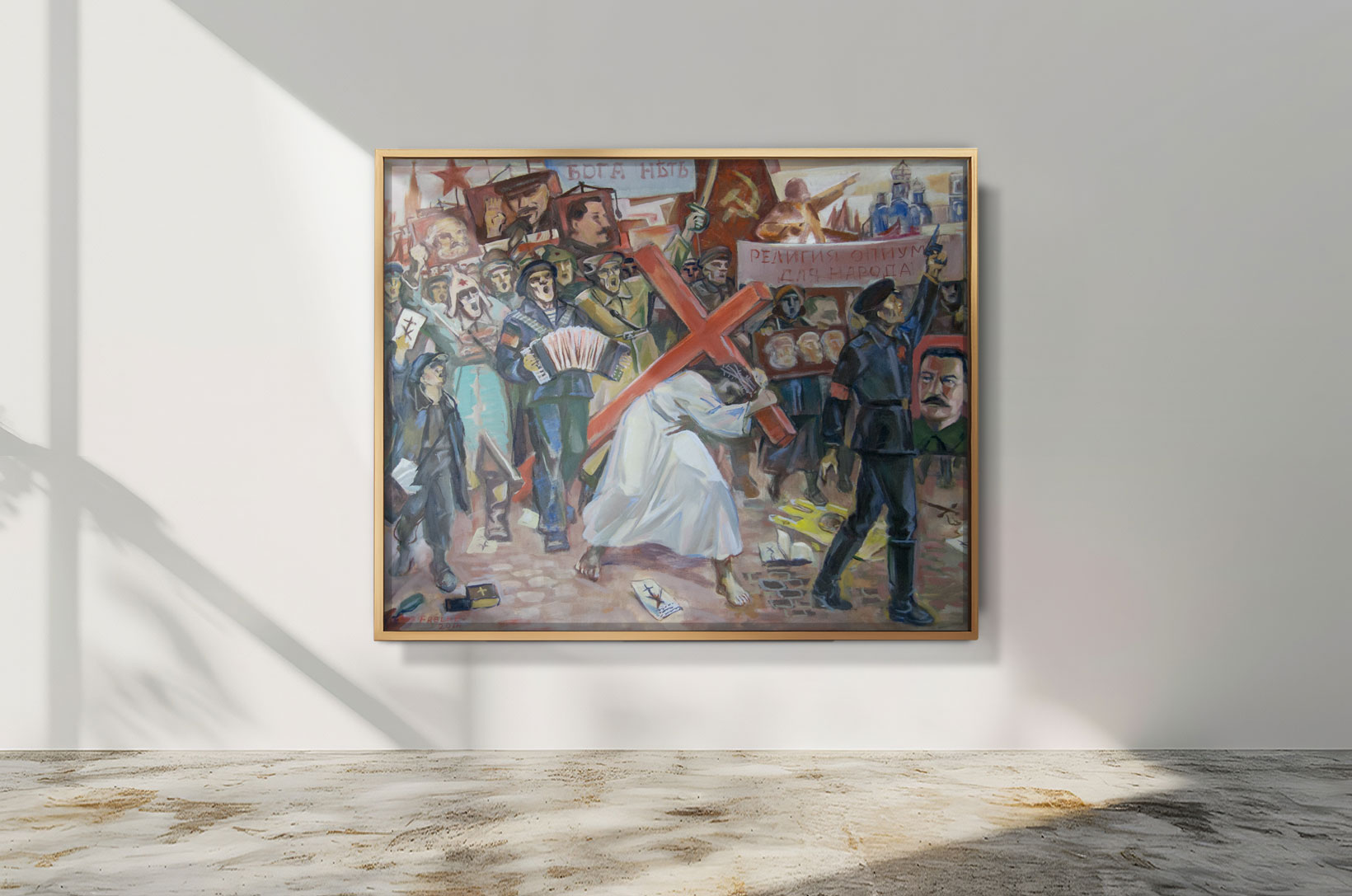 Ölgemälde von Helmut Frelke: Christusfigur trägt das Kreuz durch eine kommunistische Demonstration – Sinnbild für die Verfolgung von Glauben und Kultur der Russlanddeutschen.