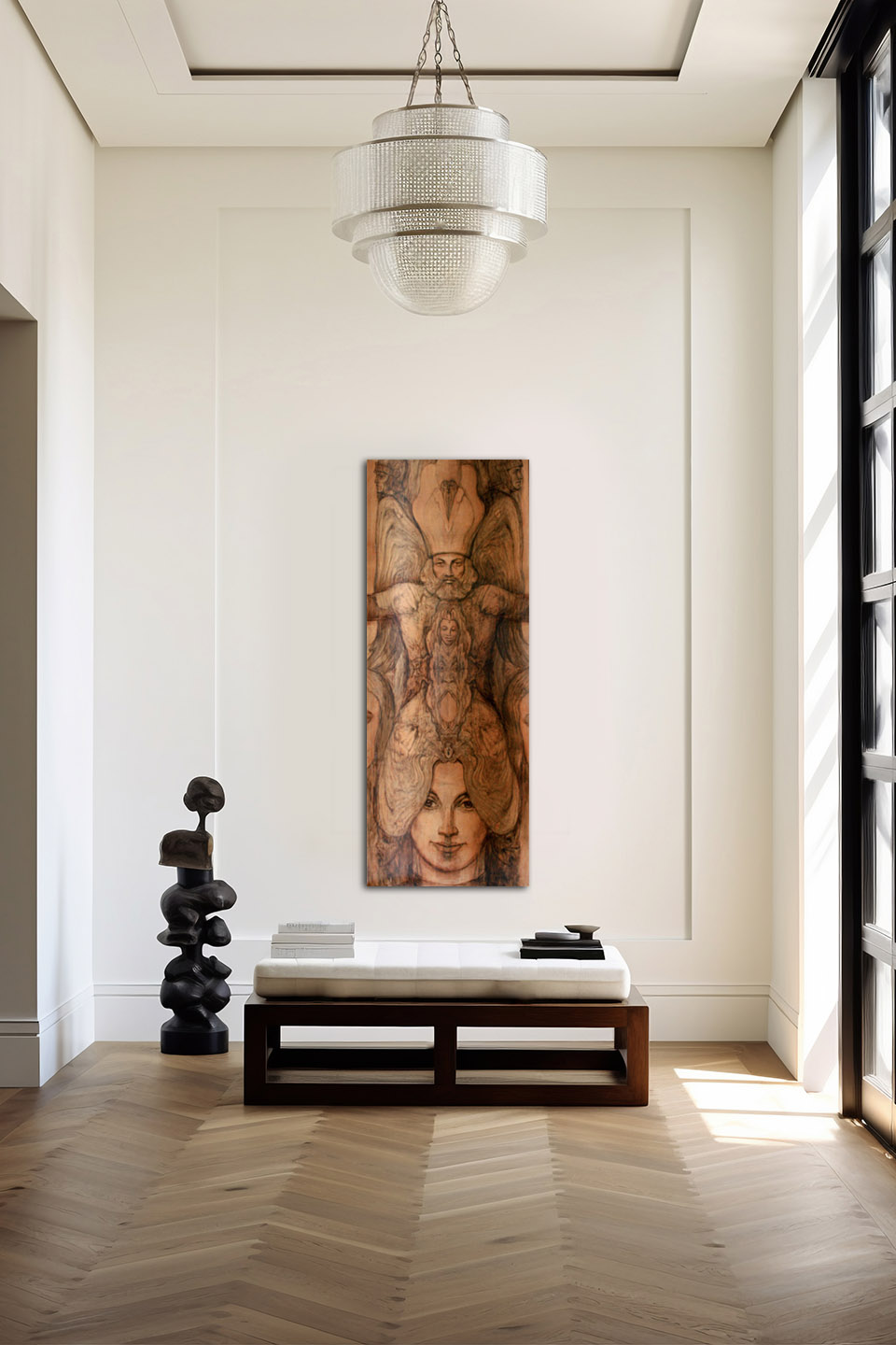 Holzmalerei von Helmut Frelke auf Edelholzfurnier zeigt sakrale Kunst in einzigartiger Holzstruktur