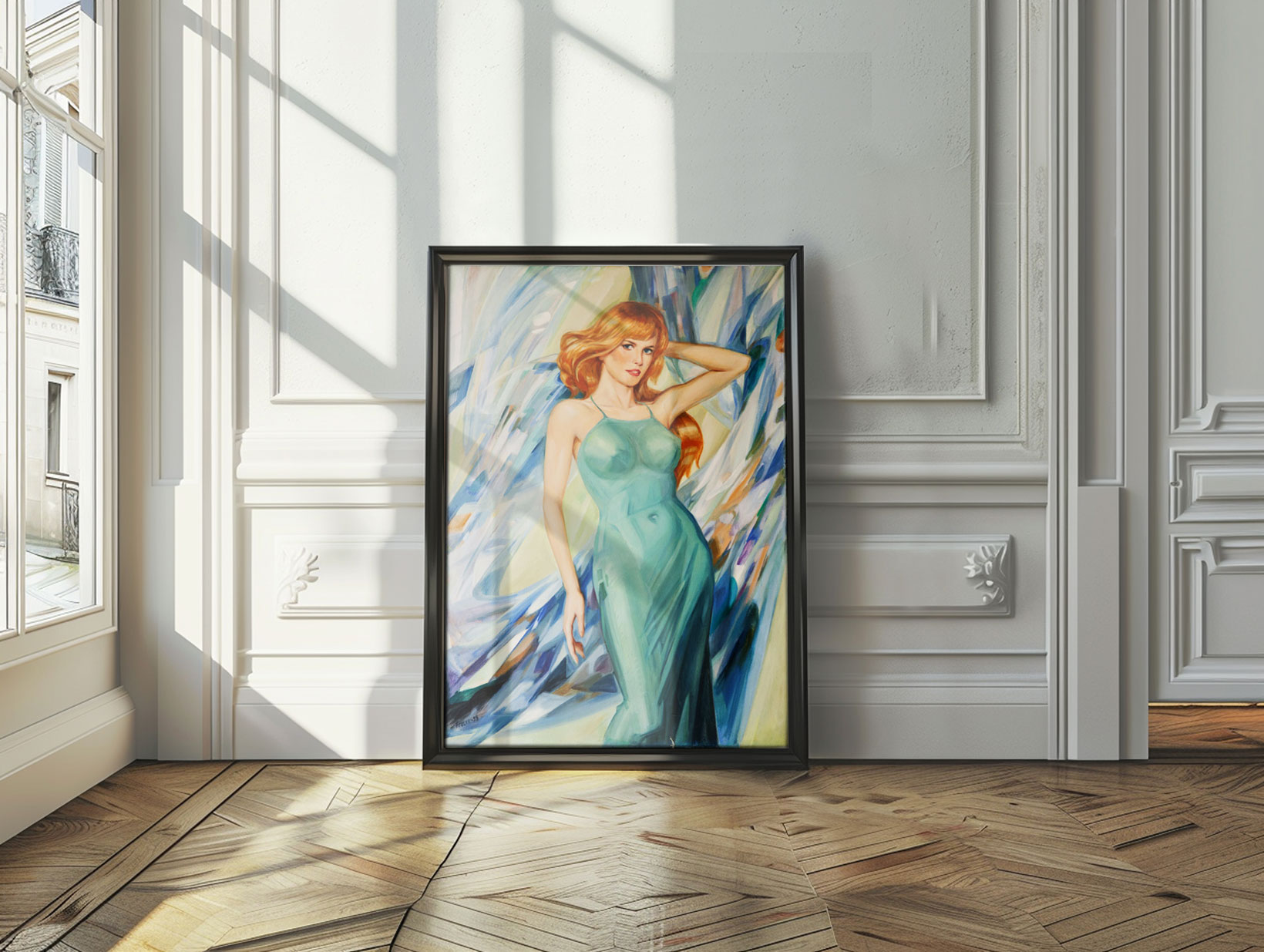 Porträt einer Frau in türkisfarbenem Kleid, Öl auf Leinwand, gemalt von Helmut Frelke. Zeitgenössische Malerei im Stil klassischer Porträtkunst mit dynamischem Hintergrund.