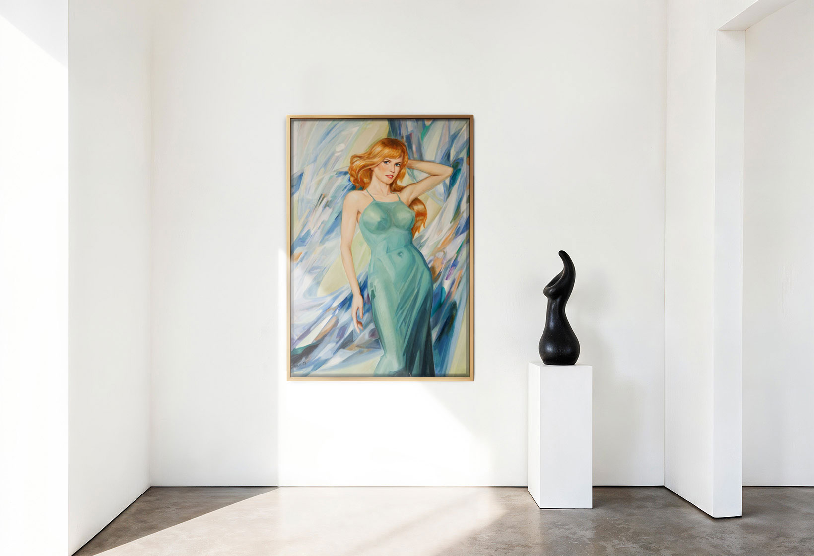 Porträt einer Frau in türkisfarbenem Kleid, Öl auf Leinwand, gemalt von Helmut Frelke. Zeitgenössische Malerei im Stil klassischer Porträtkunst mit dynamischem Hintergrund.