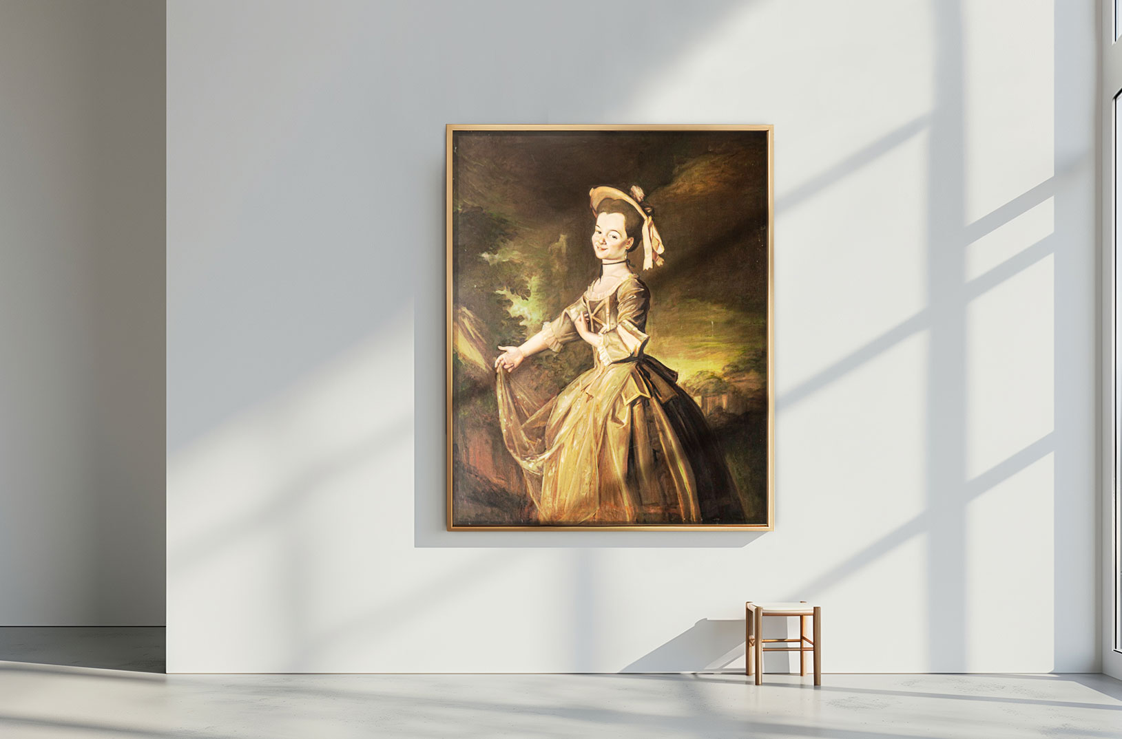 Ölgemälde von Helmut Frelke: Porträt einer Dame im Rokoko-Kleid im Stil von Thomas Gainsborough.