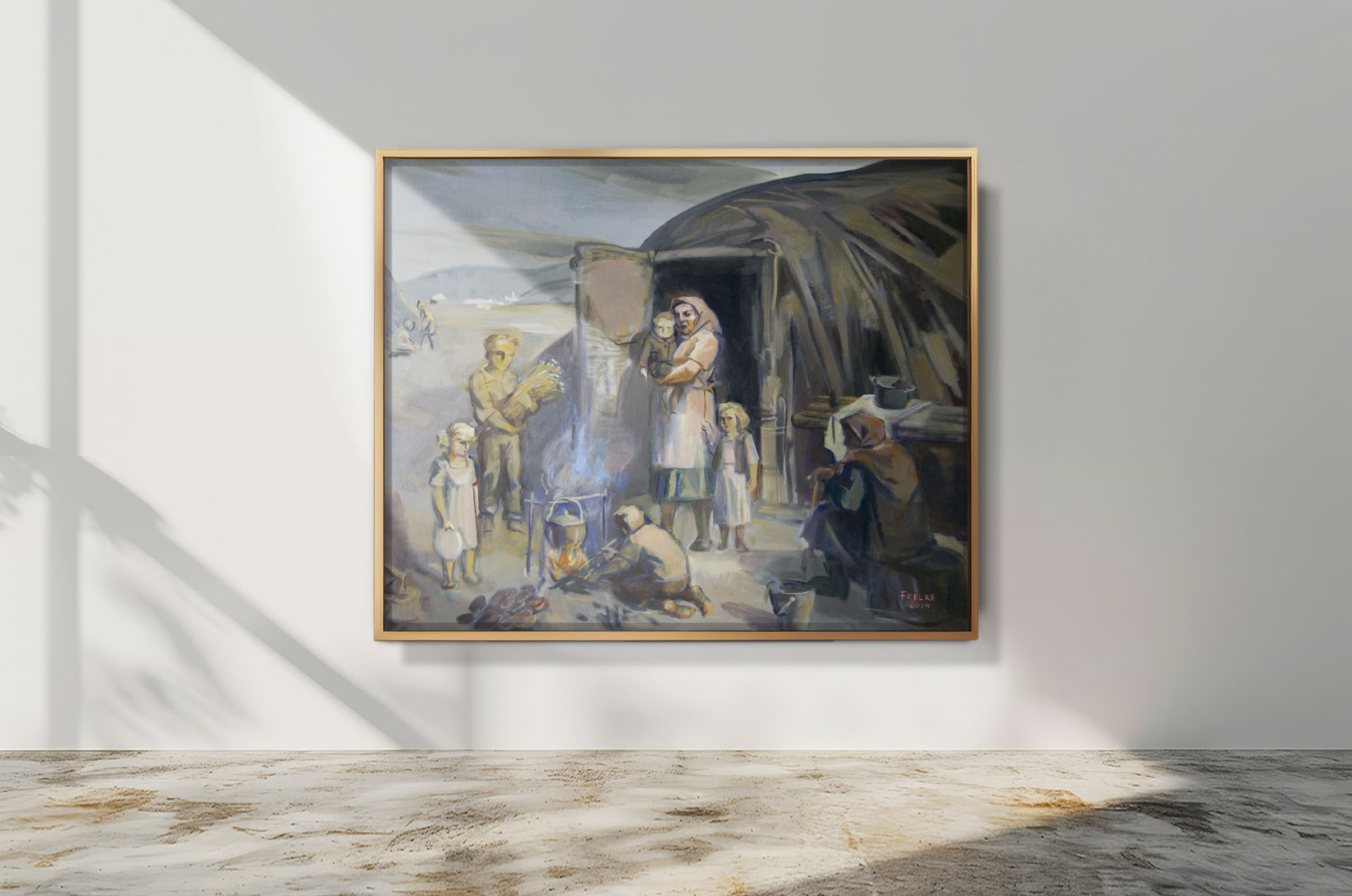Ölgemälde von Helmut Frelke: Eine russlanddeutsche Familie vor einer Hütte im Lager, Kinder, Frauen und ein Feuer mit Kochtopf, Szene des Überlebens und Zusammenhalts.