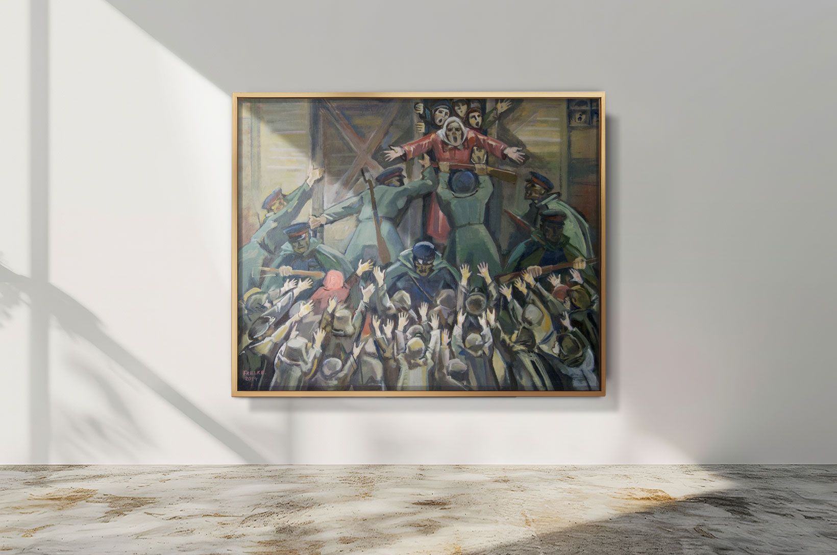 Ölgemälde von Helmut Frelke: Frau wird von Soldaten gewaltsam vom Zug getrennt, Menschen schreien und strecken die Hände aus – Symbol für Verlust und Deportation der Russlanddeutschen.