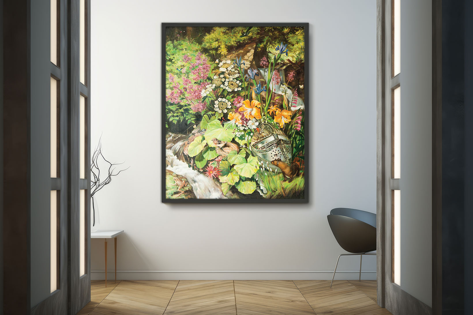 Ölgemälde von Helmut Frelke: bunter Wildgarten mit Wasserfall, Blüten, Vogel, Wiesel und Gießkanne.