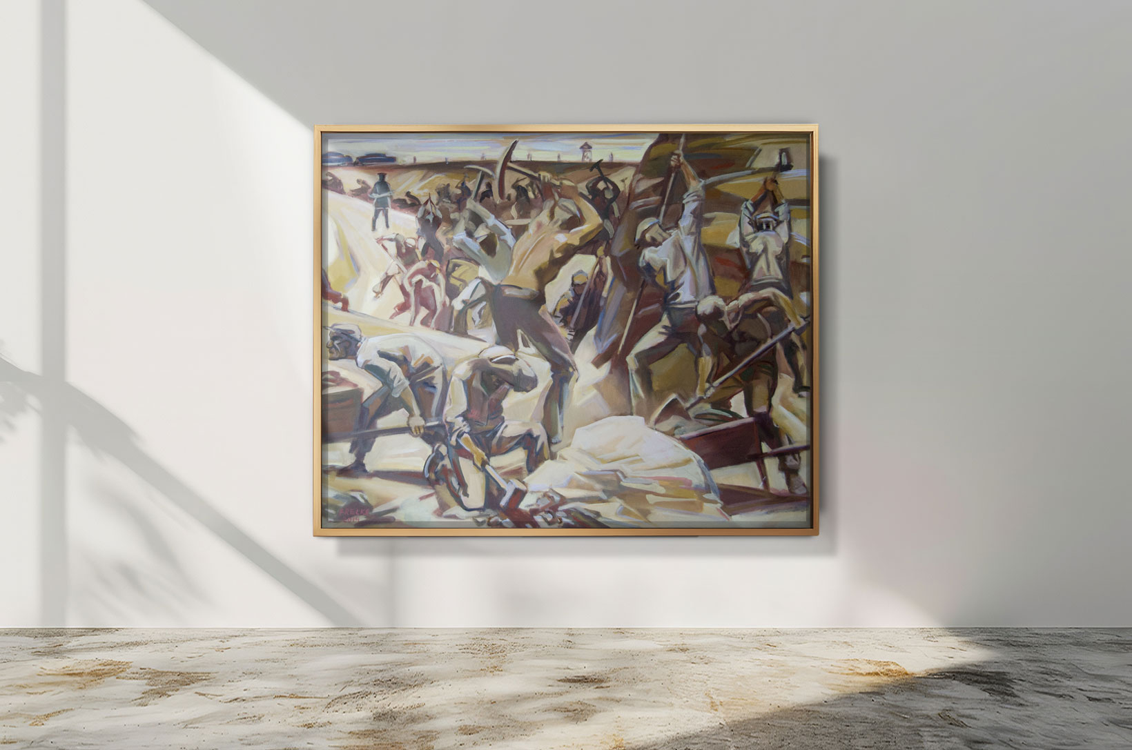 Ölgemälde von Helmut Frelke: Deportierte Russlanddeutsche bei Zwangsarbeit im Gulag – erschöpfte Männer graben und schaufeln unter Aufsicht eines Soldaten.