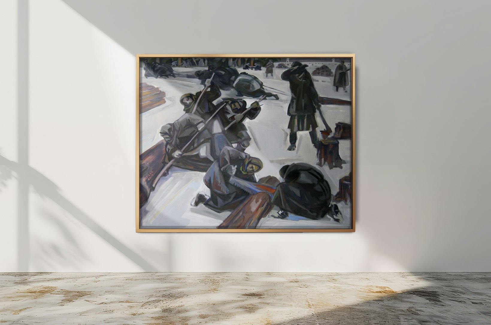 Ölgemälde von Helmut Frelke: Russlanddeutsche Zwangsarbeiter im Schneelager, Männer sägen Baumstämme unter Bewachung – Symbol für Überleben und Unterdrückung.