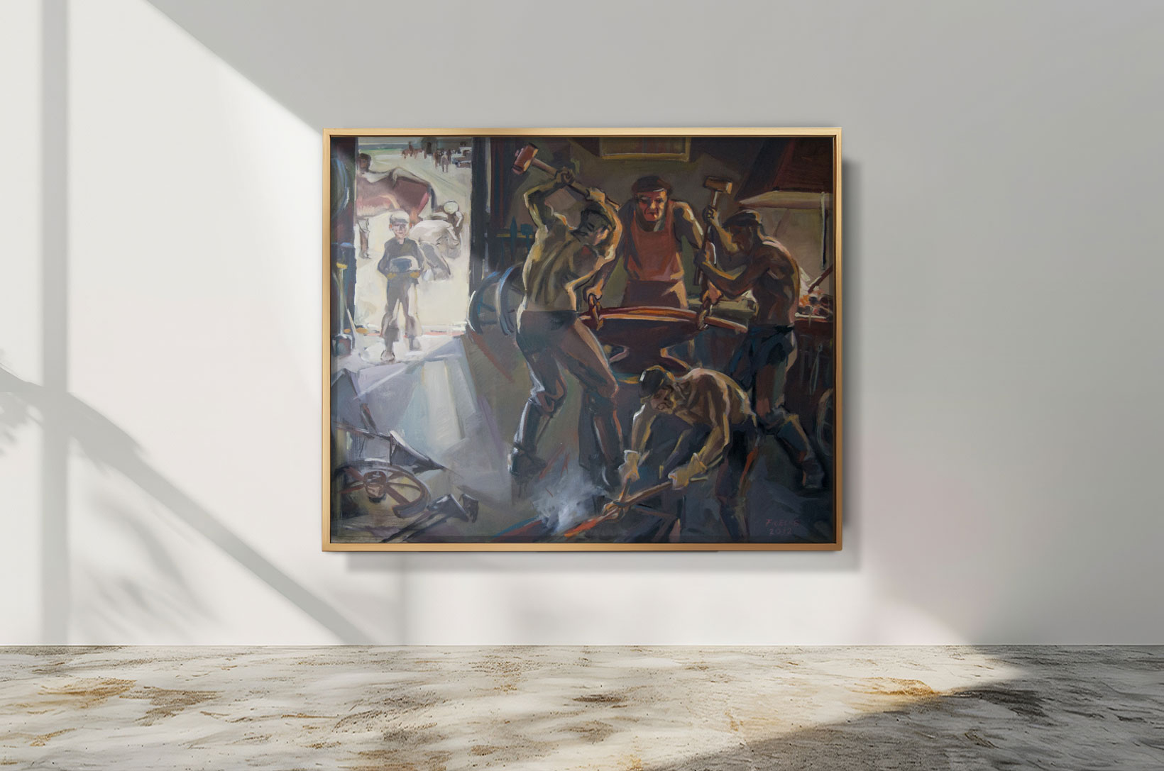 Ölgemälde von Helmut Frelke: Russlanddeutsche Zwangsarbeiter in einer Schmiede, Männer hämmern auf glühendes Eisen, ein Junge steht im Eingang mit Licht von draußen.