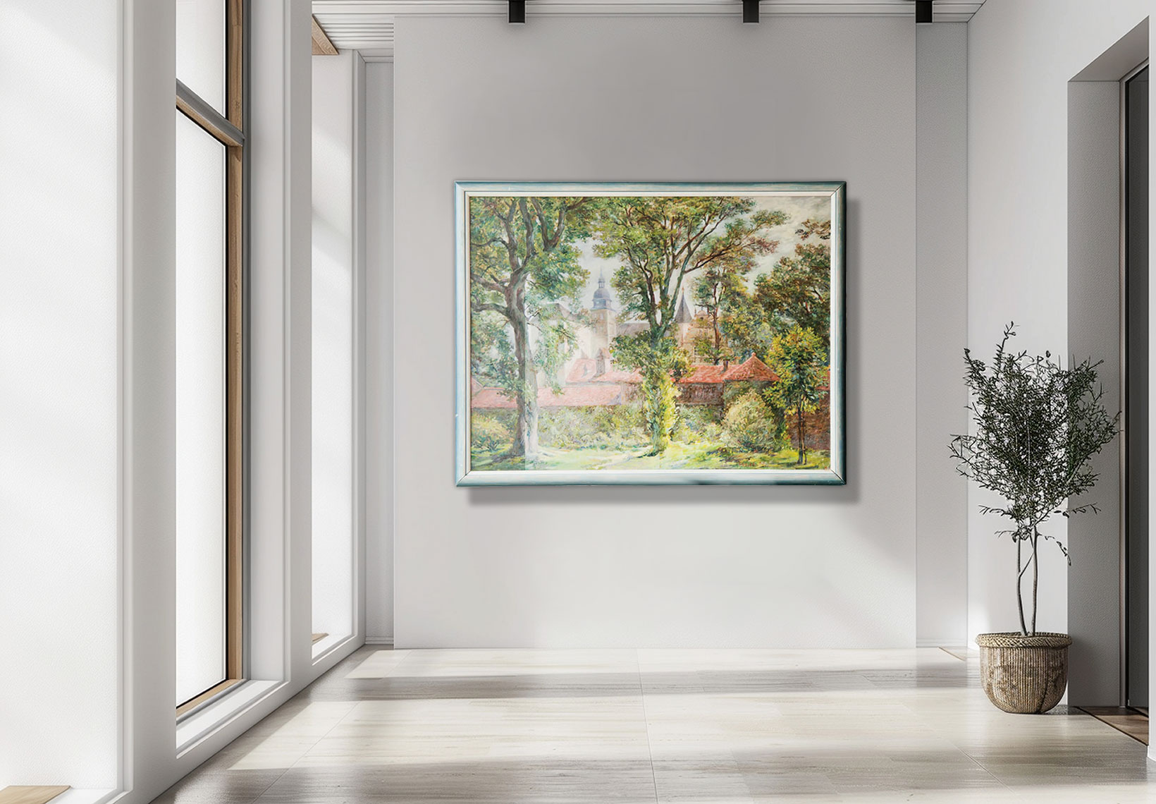 Schloss Wolfsburg inmitten alter Bäume, Öl auf Leinwand – realistische Landschaftsmalerei von Helmut Frelke.