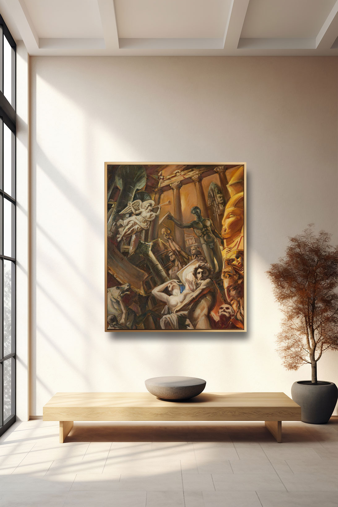 Ölgemälde „Der Fall der Götter“ von Helmut Frelke, Berlin – Darstellung antiker Statuen und Engel in dramatischer Lichtkomposition, 1998